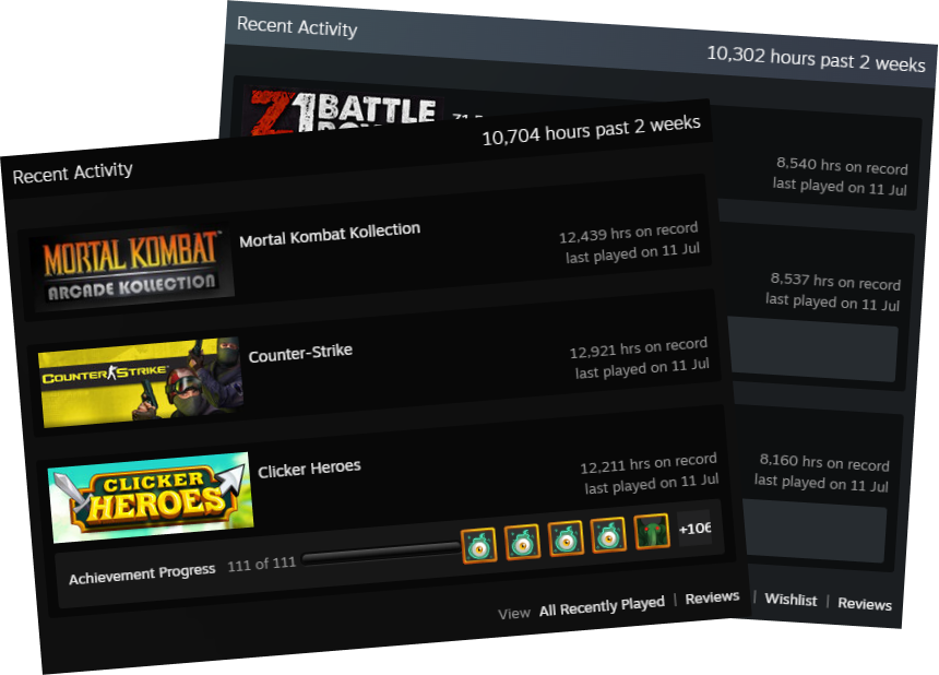 Steam profile showing high play hours in recent games: Mortal Kombat Kollection (12,439 hours), Counter-Strike (12,921 hours), and Clicker Heroes (12,211 hours)